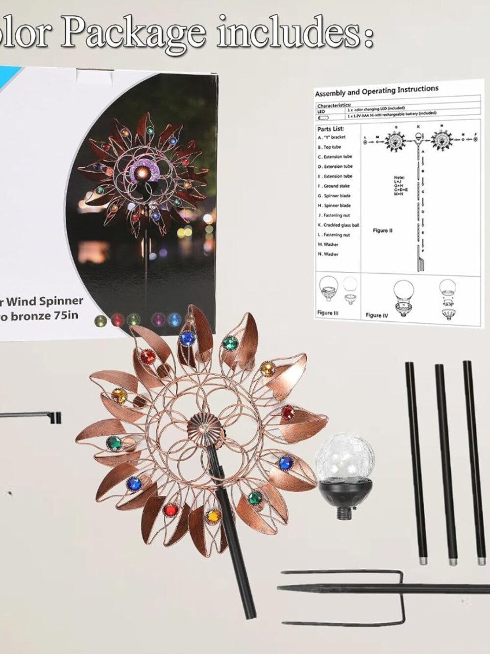 Solar Wind Spinner Multi-Color LED Lighting by Solar Powered Glass Ball with Kin - Picture 4 of 6